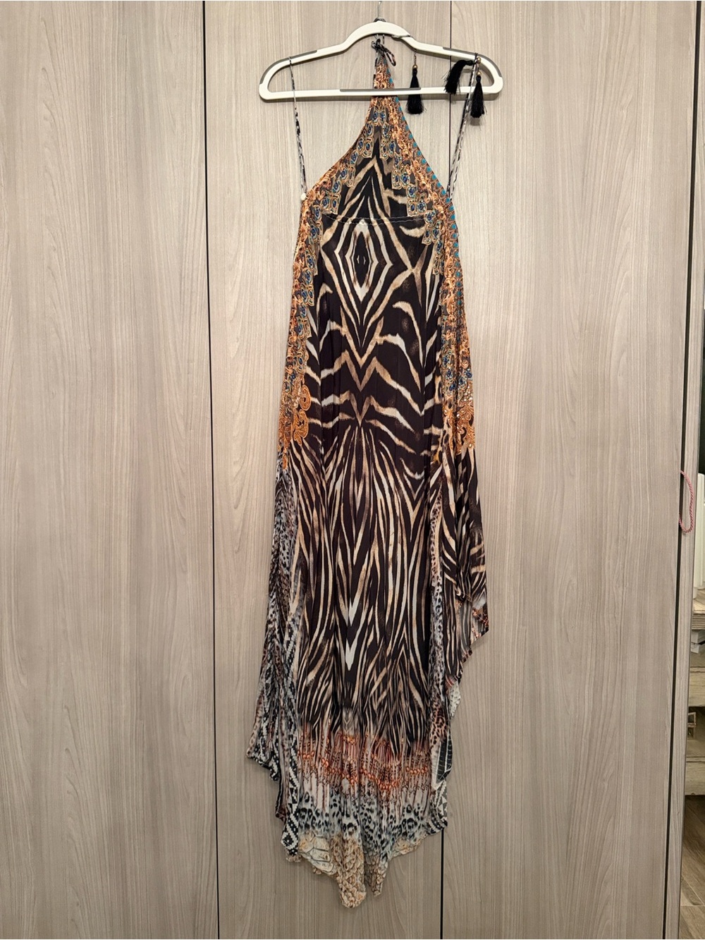 Asymmetrical Halter Maxi Dress in Black & Brown Zebra Print
